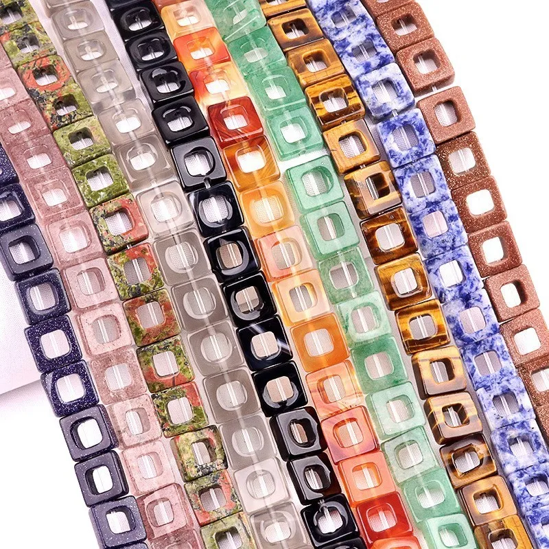 

18 бусин 10 мм, полые квадратные каменные бусины с отверстиями, натуральные драгоценные камни, хрустальные нефриты, свободные бусины для изготовления ювелирных изделий, ожерелье, браслет, ремесло