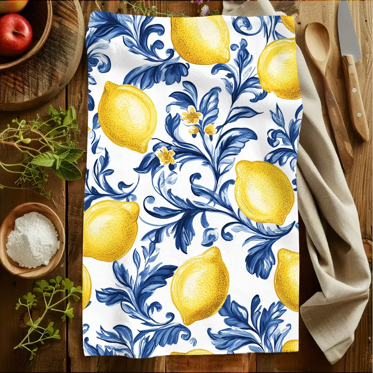 1pc Mediterranean Style Lemon Scroll Scrub Cloth,Soft Absorbent Kitchen Hand Towel,Perfect for Kitchen,Dining Room,Bathroom,Dorm