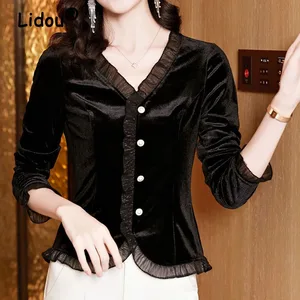 High quality gold velvet long sleeve female temperament blouse with neckline in V Korean dark colors lace nail unique granule 10 Main Sales Golden Blouse - №7