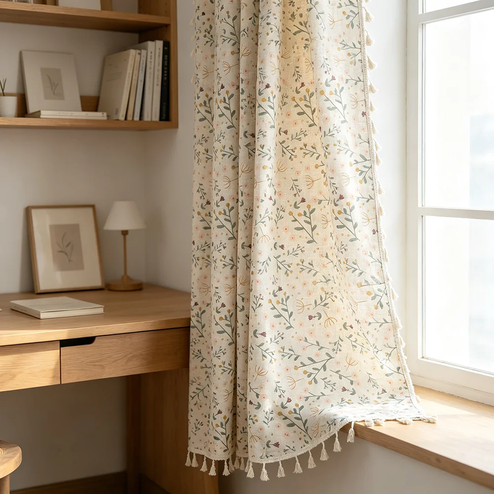 1PC Pink Wildflower Tassel Curtain, Vintage Floral Print Cotton Linen Semi Sheer Curtain with Rod Pocket for Bedroom Decor