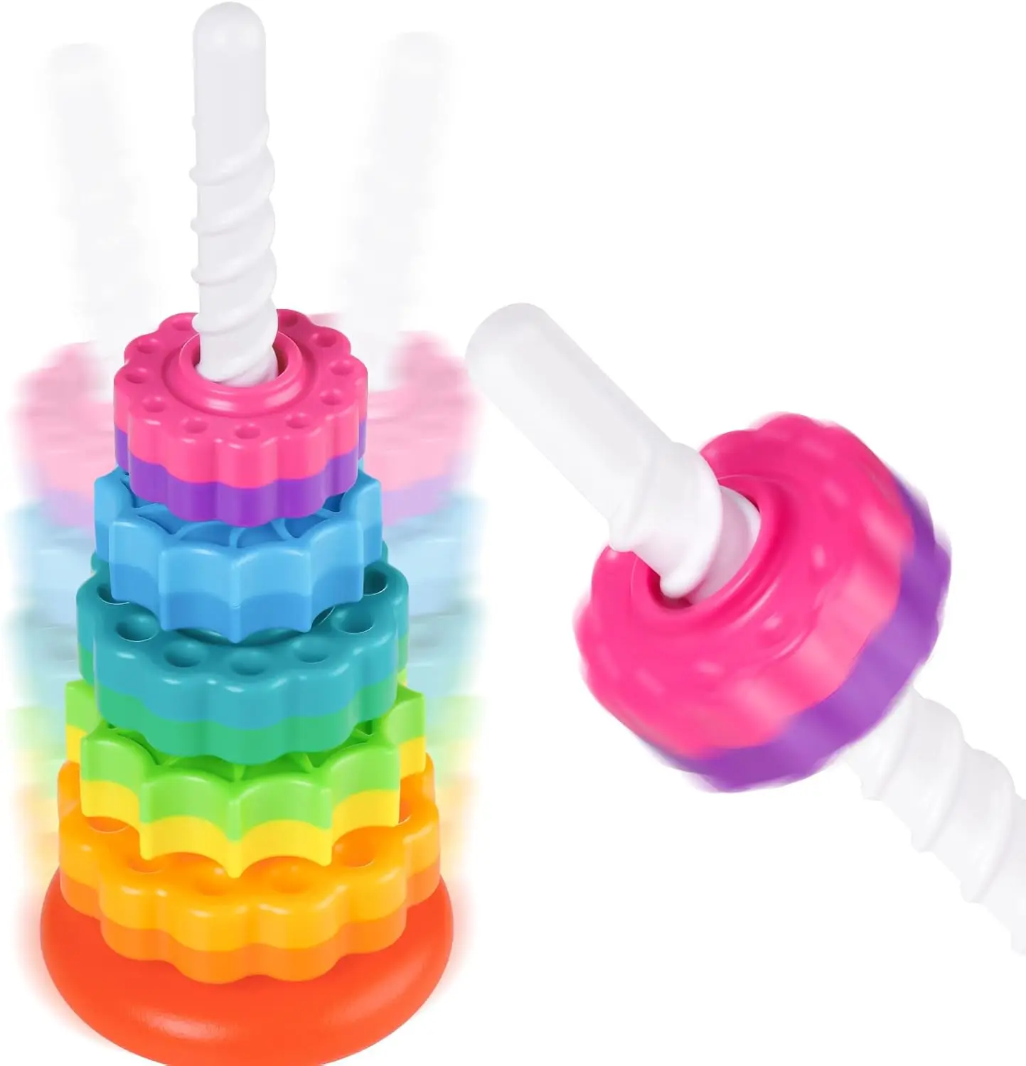 

Spinning Stacking Toy for Kids, Rainbow Tower Dual-Color Spinning Wheels Premium Strong BPA-Free ABS Plastic Early Education Fun