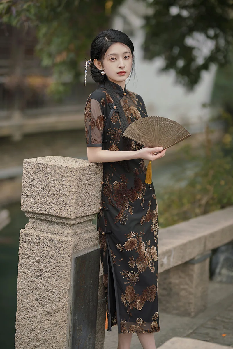 Cheongsam de manga corta para mujer, Qipao Vintage, cuello mandarín, vestidos elegantes