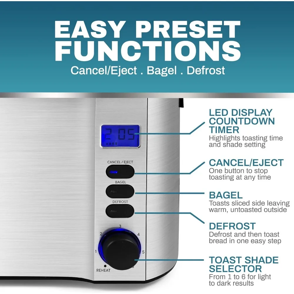 Long Slot 4 Slice Toaster, Temporizador de contagem regressiva, 6 Toast Setting, Descongelar, Cancelar Função, Built-in Warming Rack, Extra Wide Slots