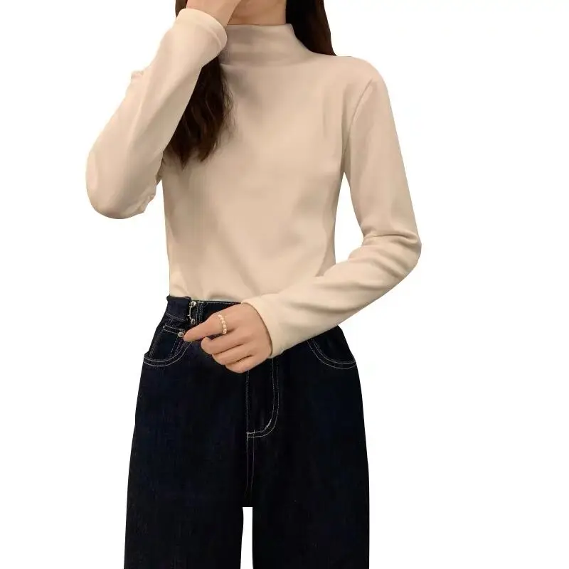 Femmes Faionable couleur Fce doublé longue Sve Base irt f col haut chaud automne haut coréen Sle trajet