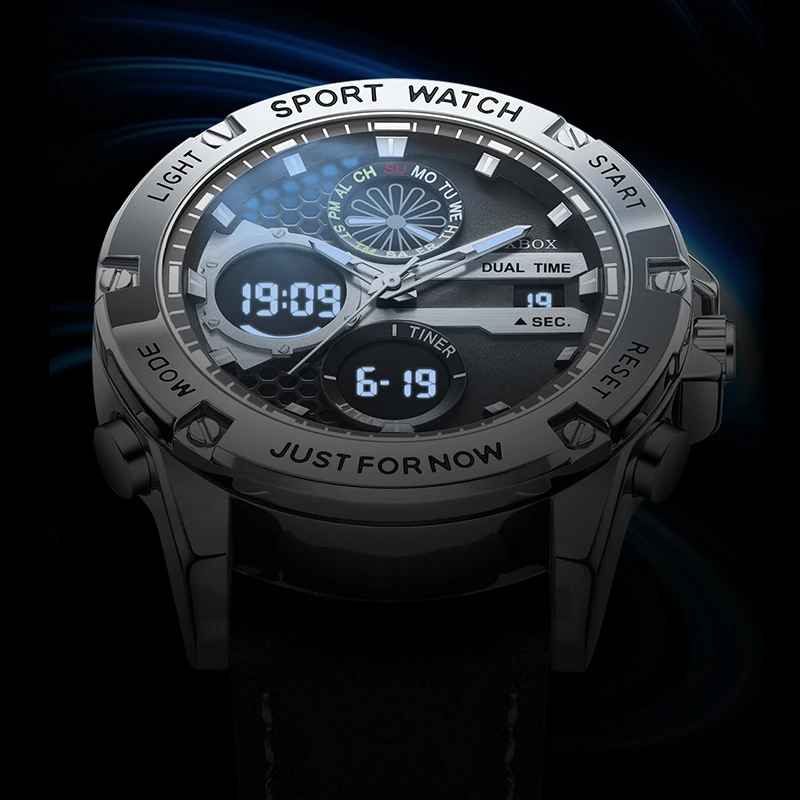 2025 فوكس بوكس ساعات رياضية للرجال قوي مضيئة عرض مزدوج مقاوم للماء كوارتز ساعة يد جلدية أصلية Relogio Masculino