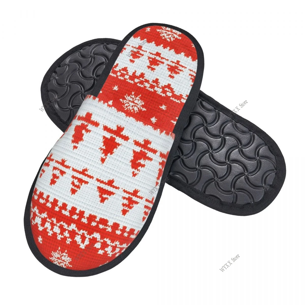 Men Women Plush Indoor Slippers Red White Snowflakes With Warm Soft Shoes Home Footwear Autumn Winter