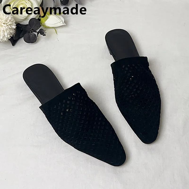 

Careaymade-Genuine leather women's handmade Slippers,Retro Ancient Hollow Weaving Half Slipper shollow out Pointed Mueller shoe