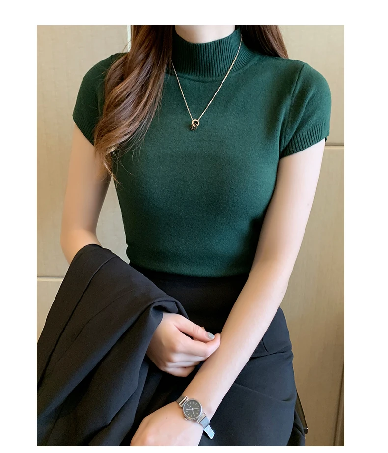 Halbhohes T-Shirt für Damen, modischer Pullover, lässige Oberteile, koreanischer Stil, elegante einfarbige Kleidung, Frühlings- und Sommersaison – Detail 10