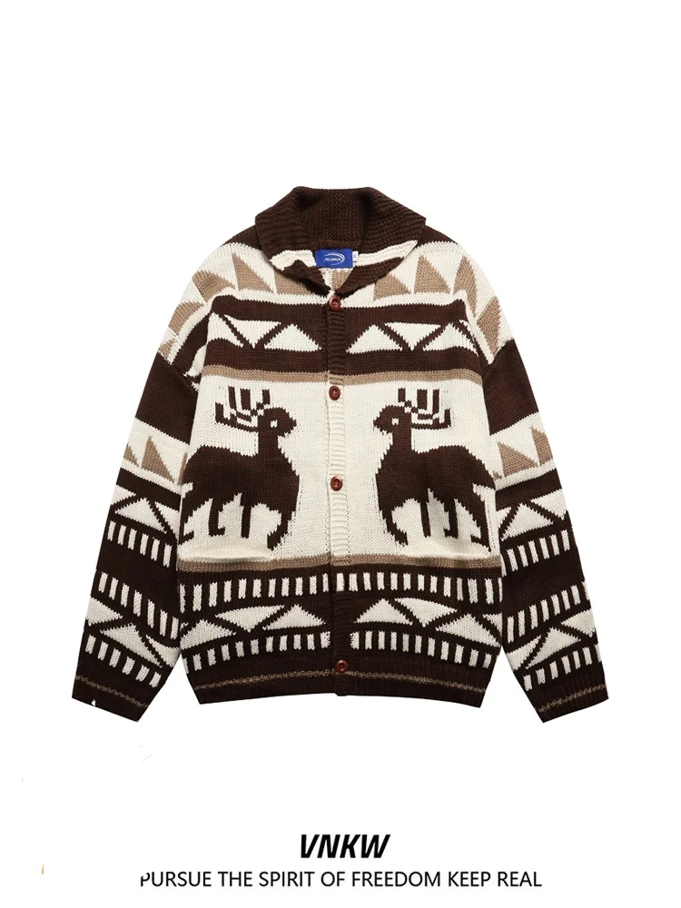 

Винтажный вязаный открытый кардиган с узором оленя, свободный крой, осенний свитер, верхняя одежда, модный трикотаж для пар