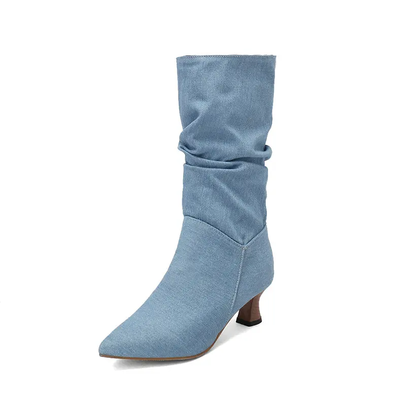 Denim Jeans Hemp Fabric Gray Blue Pointed Toe Mid-calf Boots Pleated Pattern Womens Western Rome Slip-on Shoes For Wide Calves