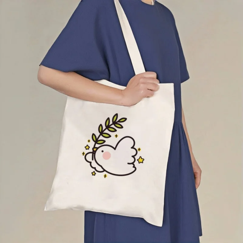 

1pc Peace Dove Print Canvas Tote Bag, Double-Sided Printed Shoulder Shopper, Reusable Handbag