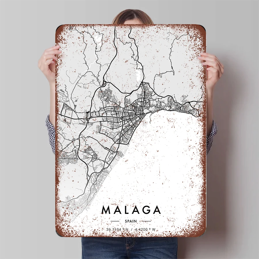 Карта города Малага Испании, металлическое настенное искусство, современный домашний декор, минималистичный городской постер для гостиной, офиса