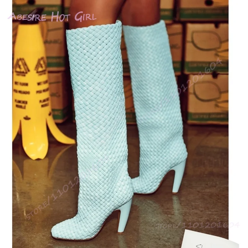 

Light Blue Braided Leather Plaid Knee Boot Women White Round Toe Black Stiletto Casual Spring Simple Shoe Elegant Luxury Booties