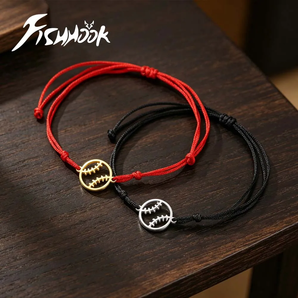 Baseball Bracelet Gift for Women Men Sports Player Couple Gold Color Stainless Steel Black Red Rope Chain Jewelry