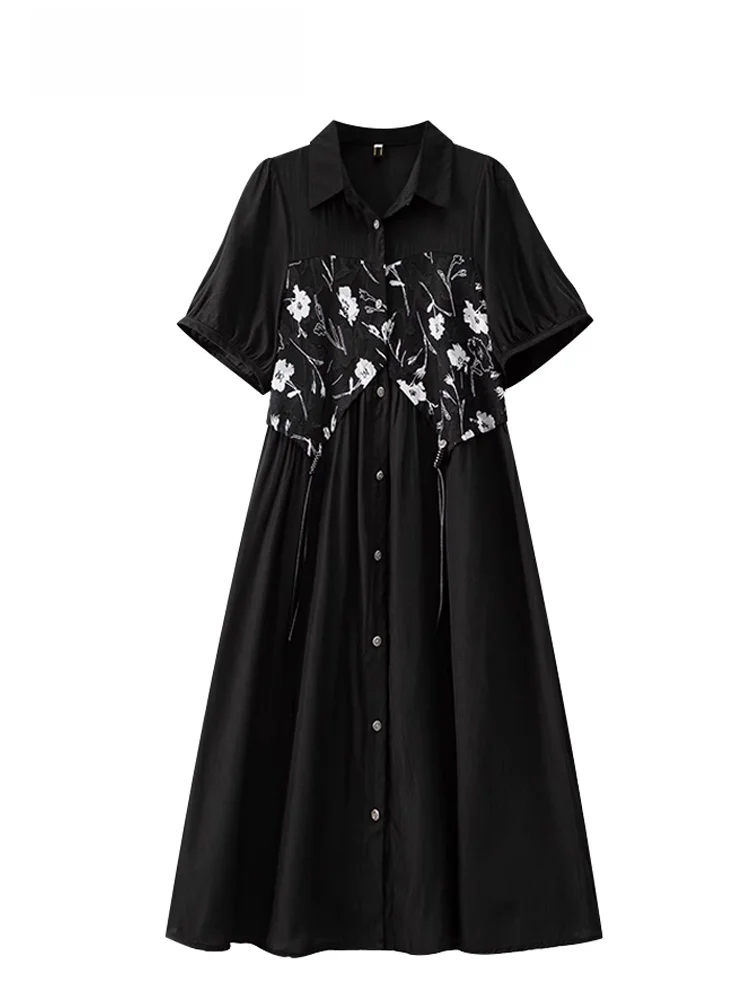 

plus Size Neck Short Sleeve Long Dress Women Summer Slimming A-Line Skirt Style Commute Korean High Waist Polyester Viscose