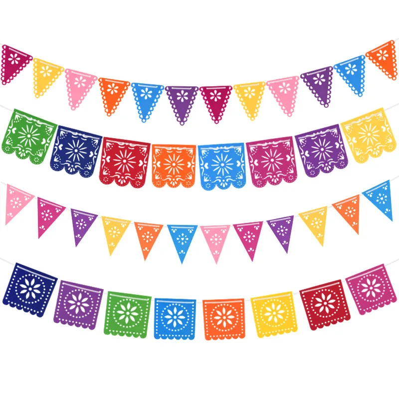 Mexican Pinata Themed Carnival Party Pull Flag Felt Day of The Dead Non-woven Pull Flower Bunting Colorful Rope Ribbon Banner