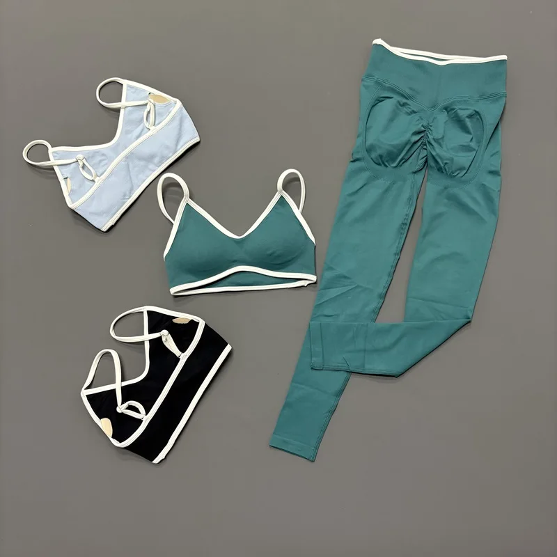 2 Pcs Sports Set Seamless Contrastline Bra Women Breathable Yoga Fitness Stretch Leggings Tracksuit Running Workout Gym Sets