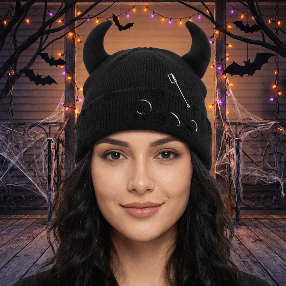 Fashion Yarn Devil Horns Hat Solid Color Distressed Winter Pullover Cap Harajuku Hip Hop Knitted Beanie Autumn/Winter