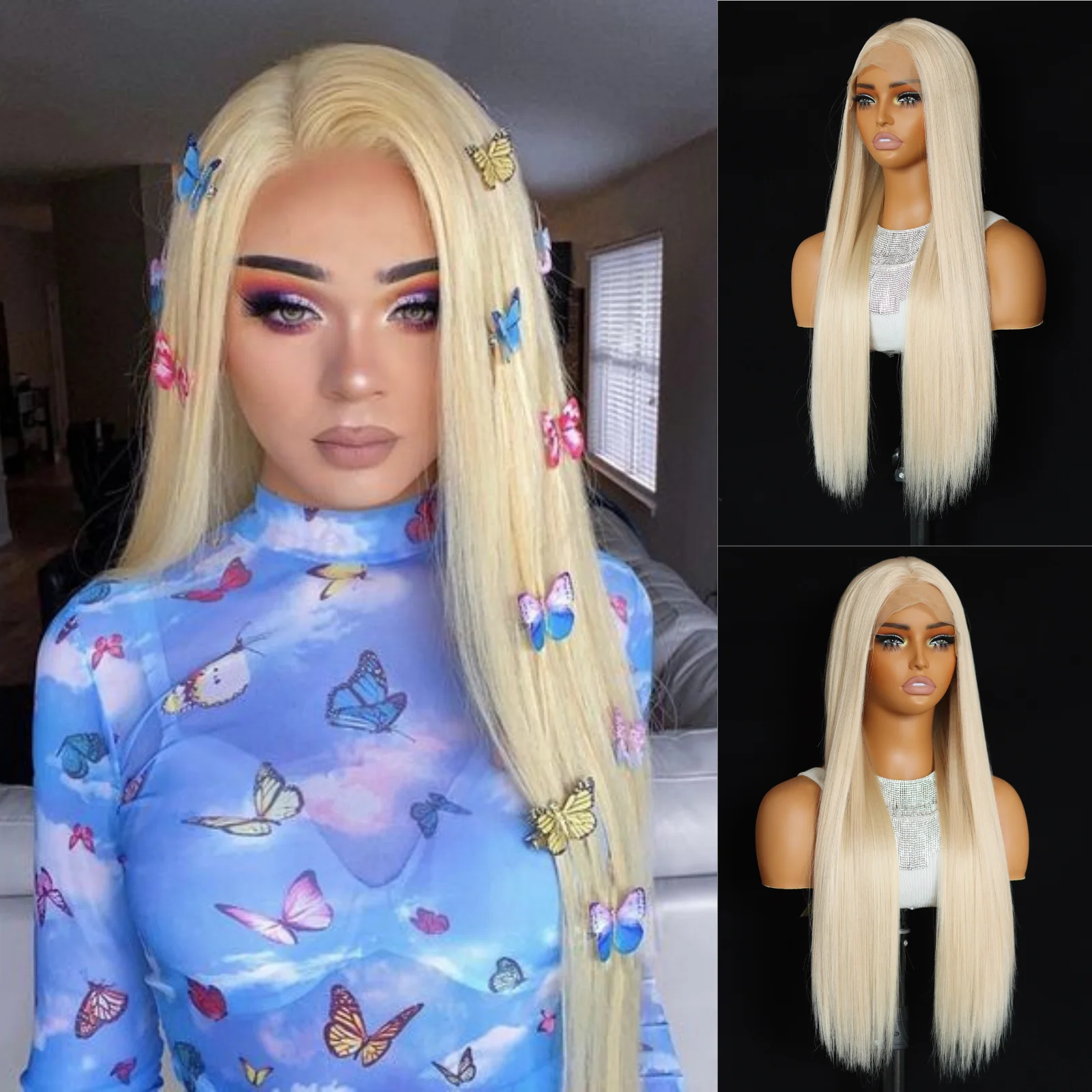 Light Gold13×4 Lace Frontal Wig Long Straight Lace Front Wigs Pre-plucked Heat-resistant Synthetic Fiber Wig For Daily Wear