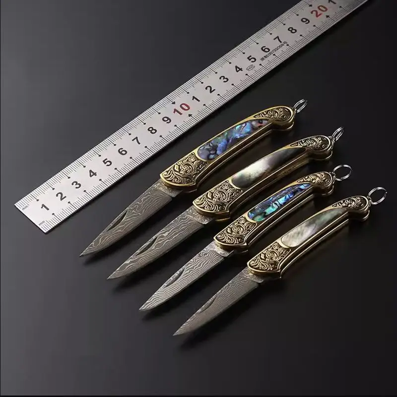 Folding Knife Handmade Damascus Stee Blade Yellow Brass+Seashell Handle Collectible Gifts Knives Camping Tools EDC Pocket Knife