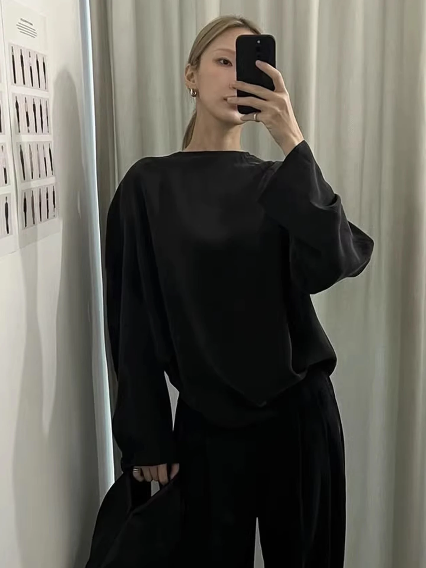 

Amomento Color Women's Shirt Summer Loose Comfortable Korean Style Long Sleeve round Neck Shoulder Insertion Top