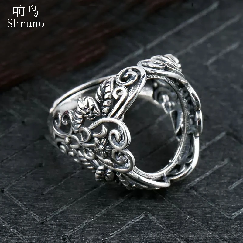 

Shruno 925 Sterling Silver Vintage Style Jewelry Flower Leaf Women Ring 15x19mm Oval Cabochon Semi Mount Ring For DIY stone