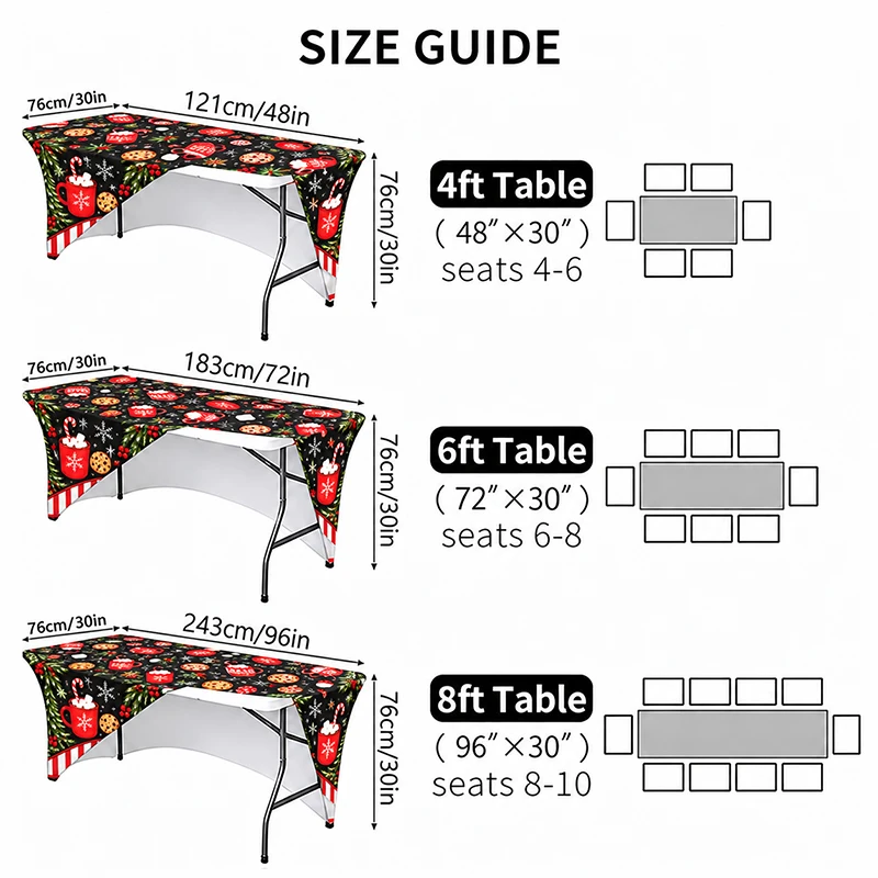 Christmas Winter Hot Cocoa Bar Stretch Tablecloth Rectangular Spandex Fitted Table Cover Holiday Party Banquet Event Decorations