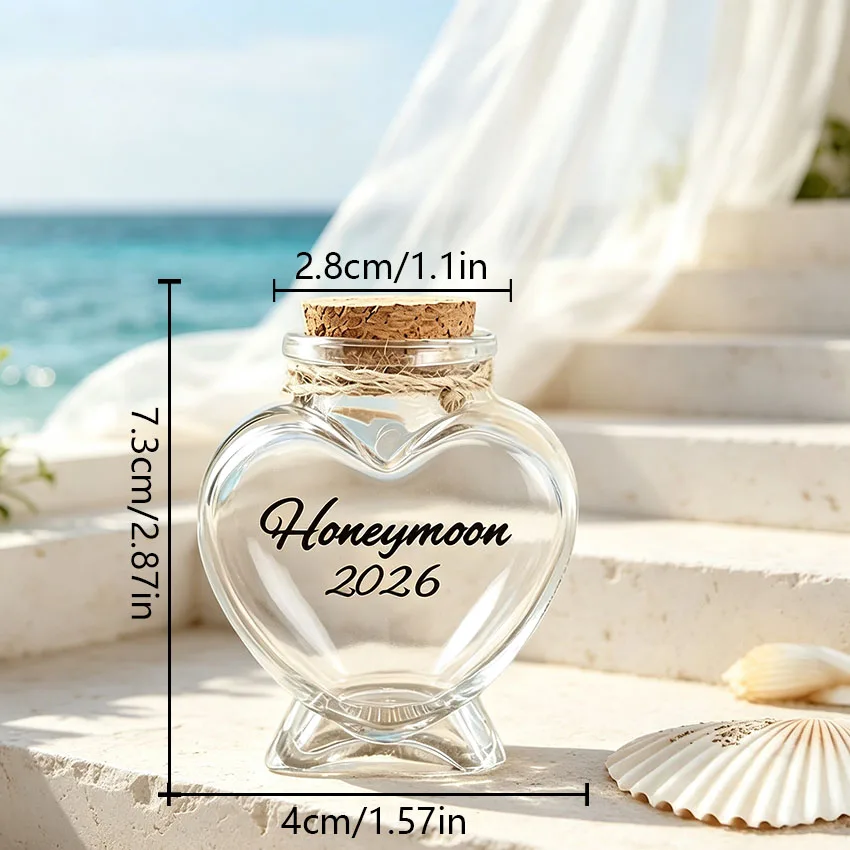 Personalized Custom Heart-Shaped Glass Drift Bottle, with Customizable Text and Date, Cork Stopper Seal Design, a Romantic Keepsake That Can Hold Beach Sand to Preserve Your Precious Memories Together.