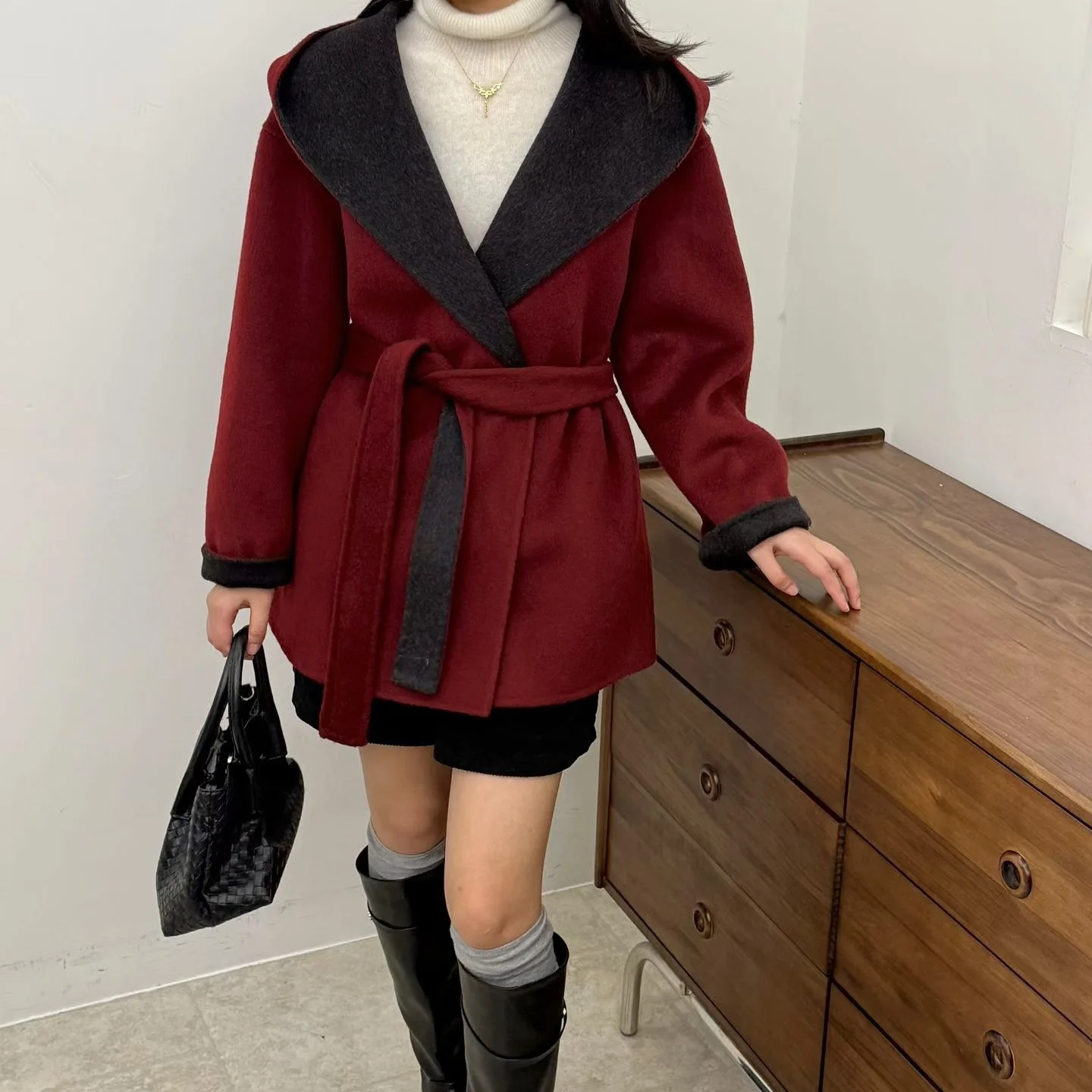 Women Autumn Winter New Reversible Hooded Double Face Cashmere Coat Korean Loose Slim Fit Hot Selling Woolen Outerwear Ladies