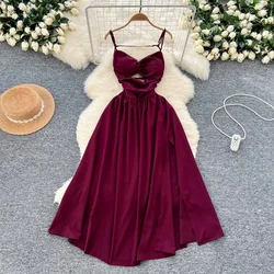 Elegant Sweet Backless Pleated Hollow Out High Waist Slip Dress Korean Fashion Fairy A-line Vestidos Women Beach Long Dresses
