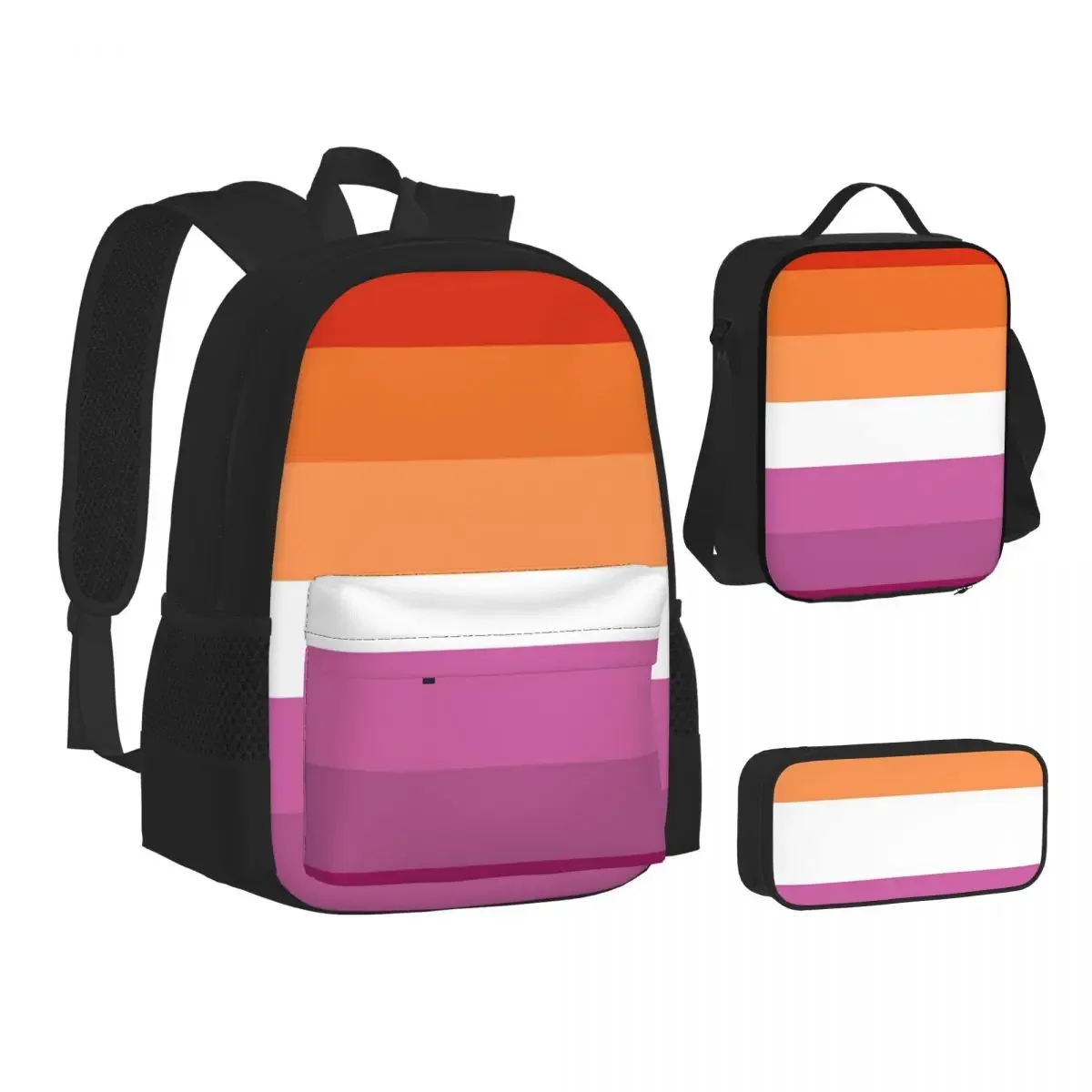 Orange - Magenta Lines Lesbian Pride Flag Butch Femme Pride Flag Backpack Bookbag School Bag Lunch Bag Pen Bag Three-Piece Set