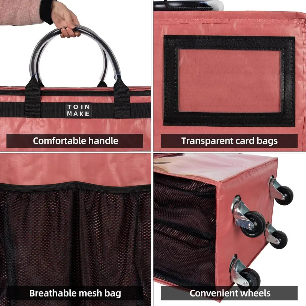 حقيبة تسوق بعجلات قابلة لإعادة الاستخدام مع 8 جيوب، بسحاب، تحمل 46 رطلًا، قابلة للطي، شديدة التحمل، لون وردي متوسط