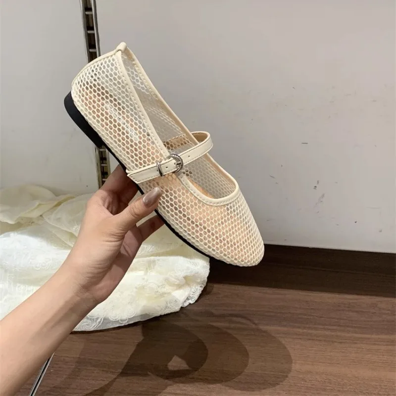 Round head one buckle strap ballet shoes women's soft bottom flat hollow Mary Jane single fishing net shoes