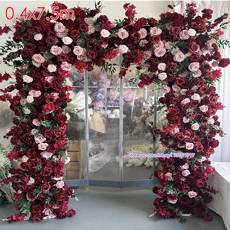 Custom Burgundy New Artificial Red Rose with Green Leaf Runner Floral Row Wedding Arch Background Wall Decor Home Event prop