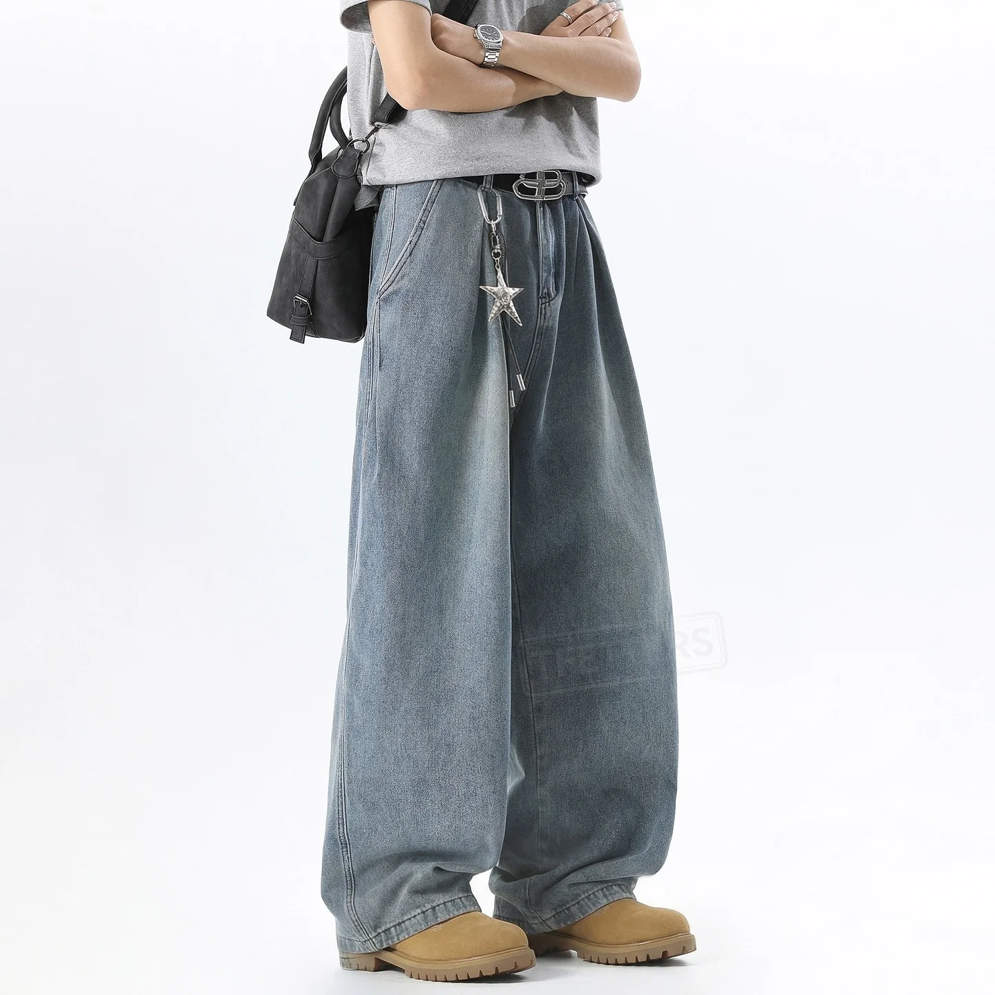 

TFETTERS 2026 Spring Summer Minimalist Jeans Men Loose Fit Wide Leg Full Length Streetwear Outfit Baggy Denim Pant Man