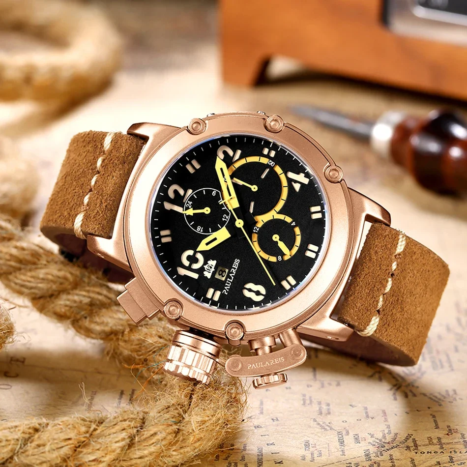 Reloj mecánico automático para hombre, de cuero genuino, multifunción, con fecha, barco, mes, oro, bronce, U, moda