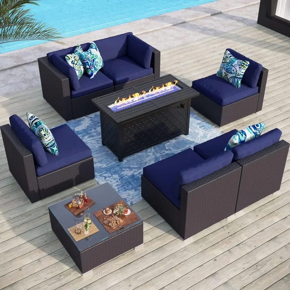 

8 Pieces Outdoor Patio Furniture Set ，with 45-Inch 50,000BTU Fire Pit Table， Rattan Sectional Sofa Patio Conversation Set