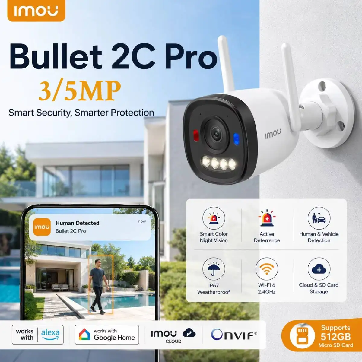 IMOU Bullet 2C Pro 3MP/5MP 2K/3K WiFi 6 Outdoor AOR Mode Security Camera Human Vehicle Detection Night Vision IP67 IP Camera