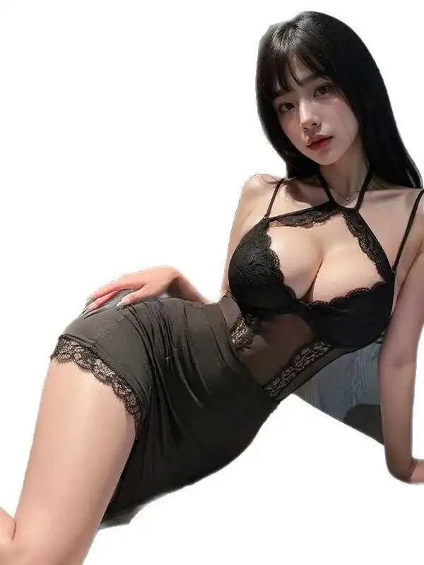 Sexy Lace, Crotch Pajamas Hot Transparent Seductive Dress Elegant Tank Mini Dress V Neck Hot Sexy Lace Sheer Sweet Korean E4R1