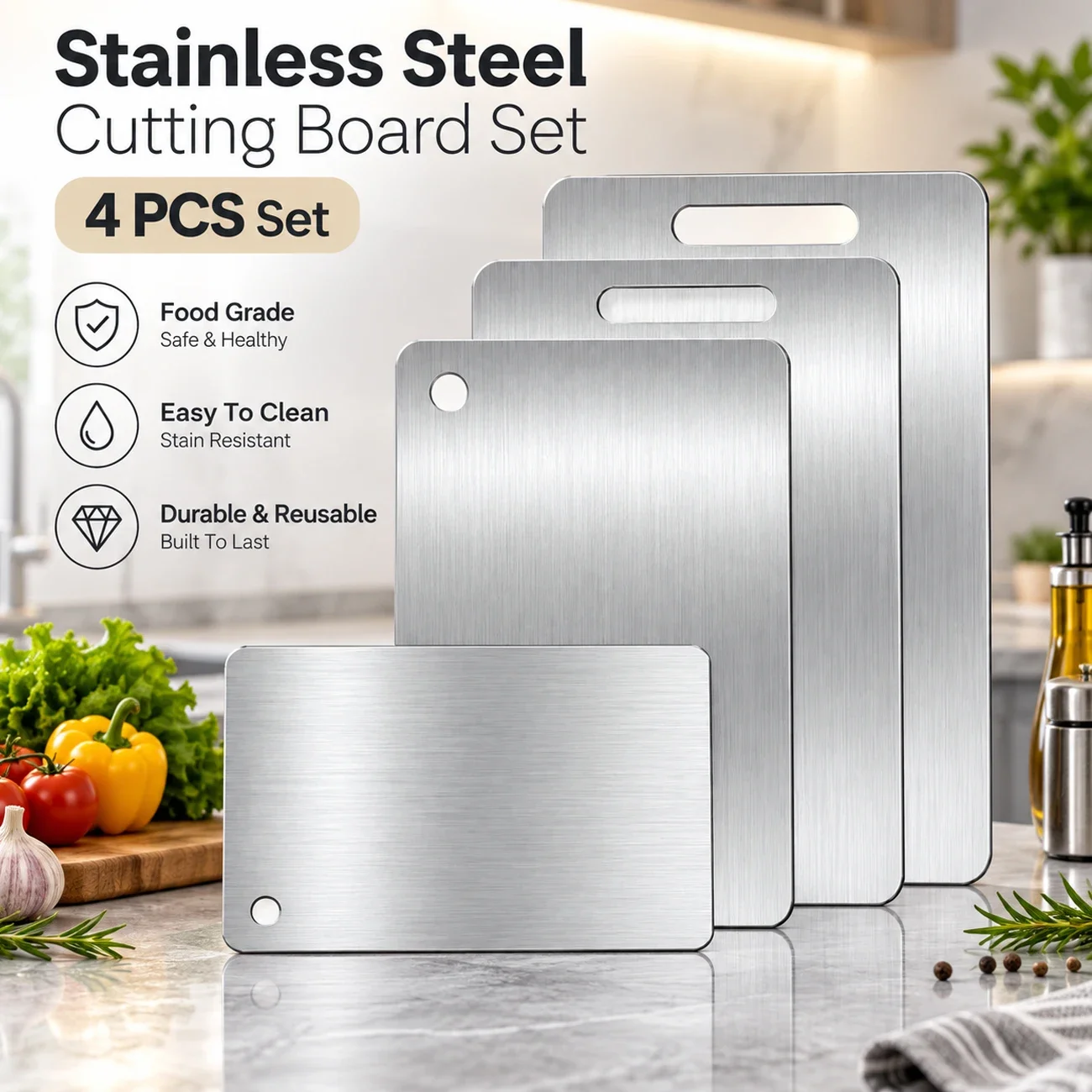 Stainless Steel Double Sided Cutting Board for Kitchen Cooking Chopping Board for Meat Fruits Slicing Cutting Boards Easy Clean