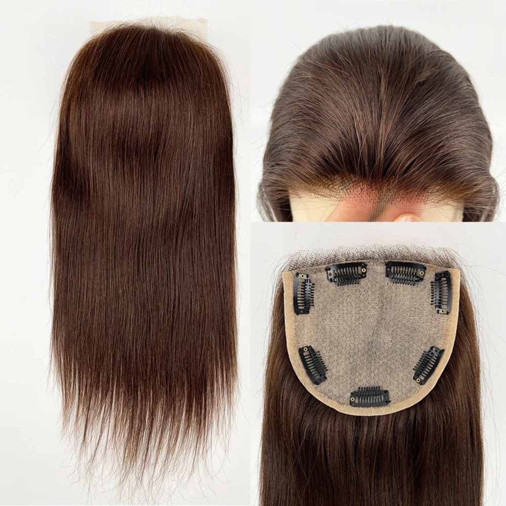 

Топпер из натуральных волос среднего коричневого цвета с кружевной передней частью Топпер из шелковой основы высокой плотности с зажимами в парике из человеческих волос Remy для женщин