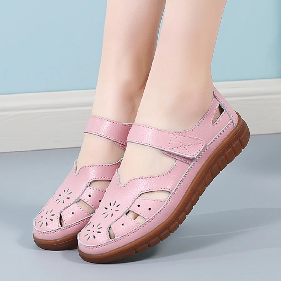 Summer Women Breathable Leather Sandals Ladies Comfortable Flats Walking Slippers Covered Toe Beach Shoes Female Casual Shoes