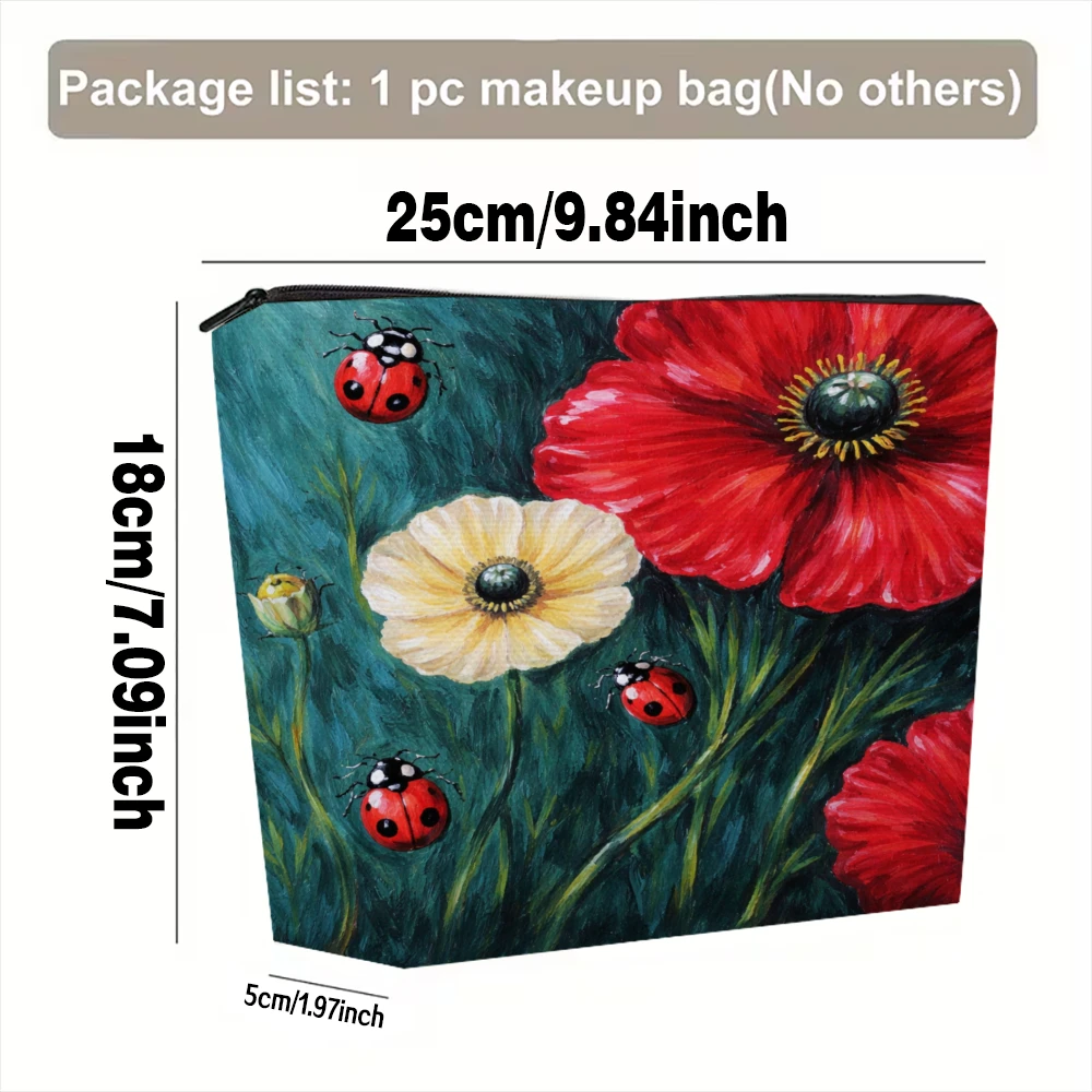 Poppy Flowers Ladybugs Green Background Makeup Bags for Girls Cosmetic Pouch Toiletry Bag Pencil Case Travel Storage