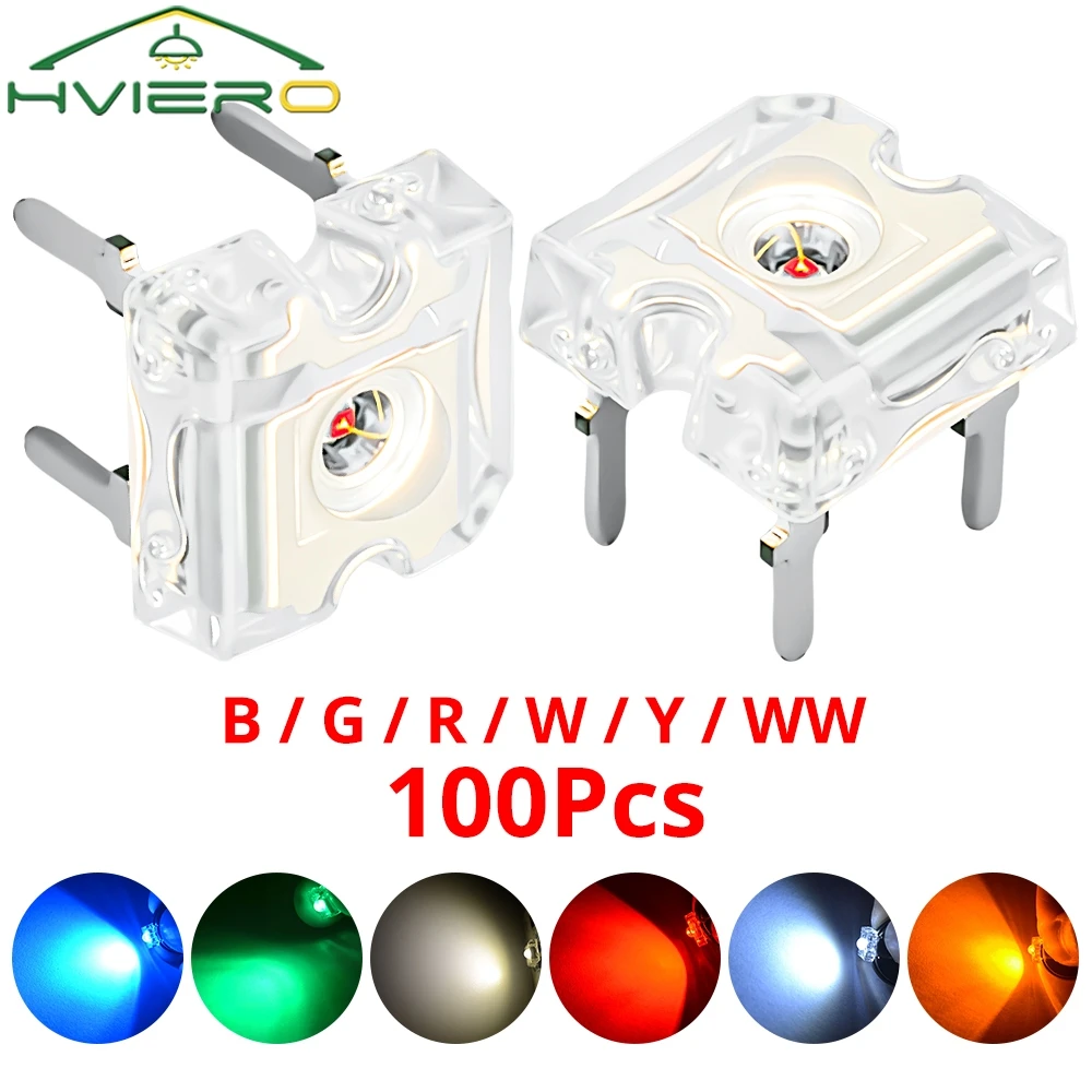 ピラニアフラックスダイオードLED電球,ドーム照明,広角,超高輝度,白,赤,緑,青,黄色,3mm, 4ピン,100個