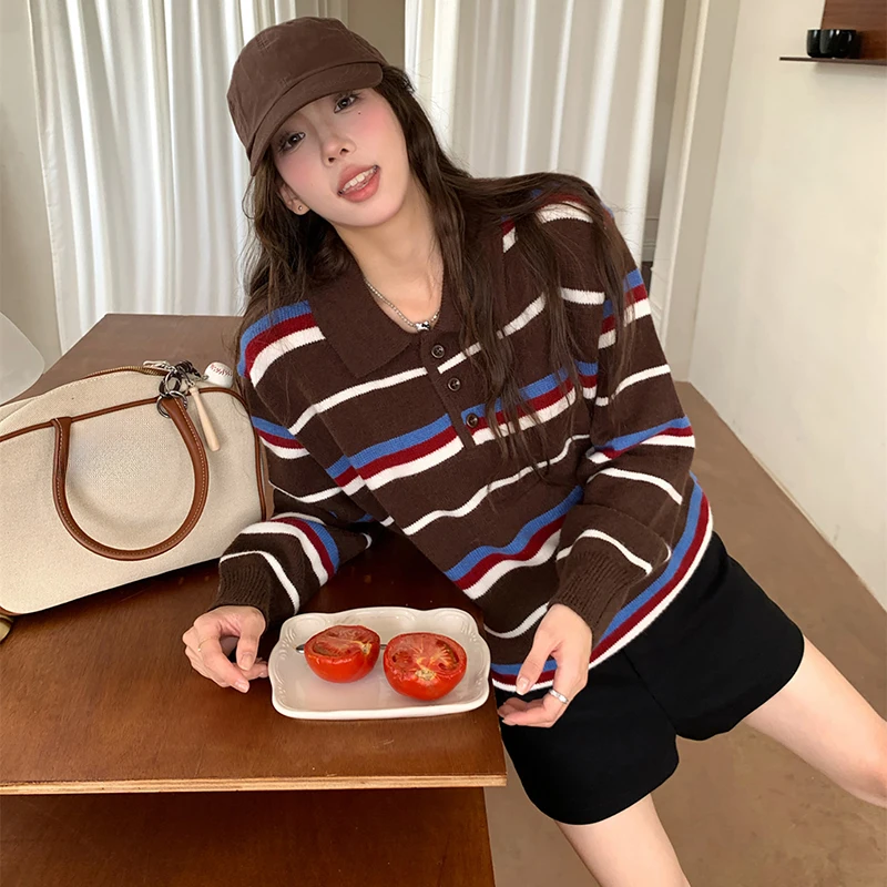 Harajuku Y2k Striped Knitted Sweaters For Women Autumn New Streetwear Loose Lapel Pullovers Tops Japanese Retro Sweater Jumpers