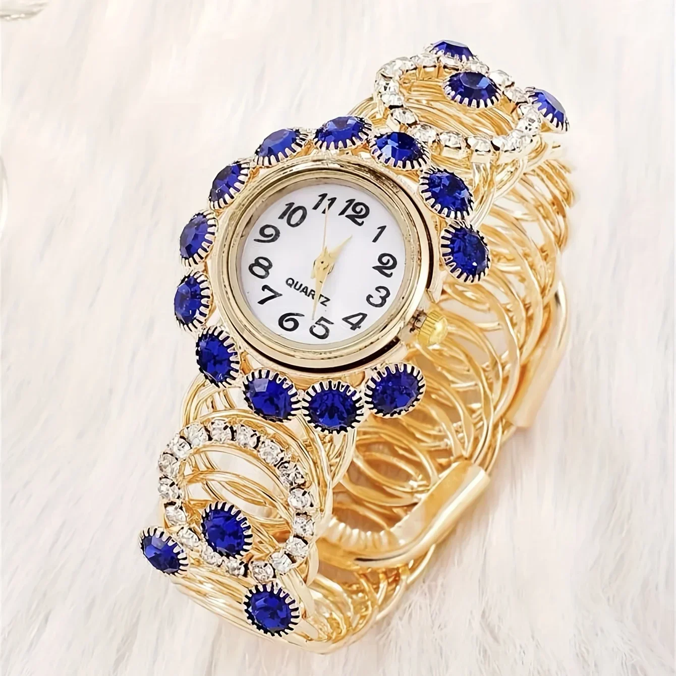 1pc Elegant Rhinestone Decor Quartz Bracelet Watch Analog Party Dress Cuff Bangle Watch & 4pcs Jewelry Set, Gift For Mother's