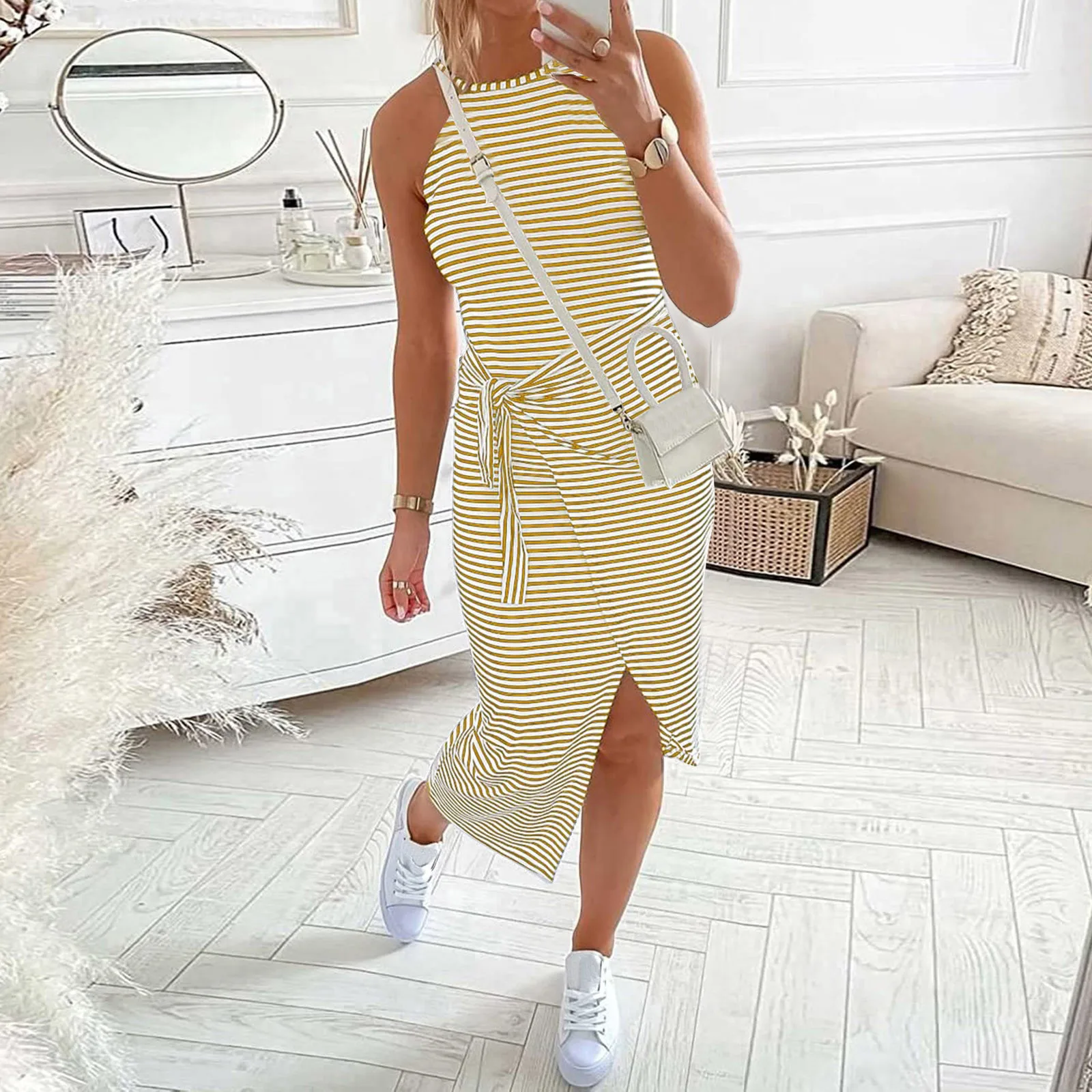 Summer Holiday Dresses For Women 2024 Casual O-Neck Sleeveless Dresses Striped Bowknot Irregular Midi Dress Sundress Vestidos