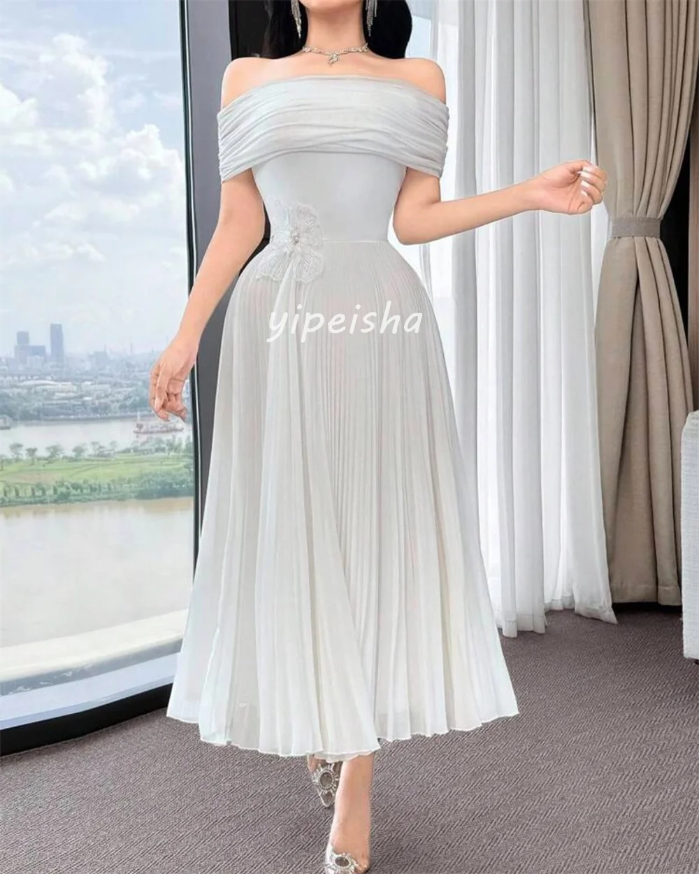 Customized High Quality Classic Chiffon Handmade Flower A-line Off-the-shoulder Ankle Length Dresses Bespoke Occasion Dresses