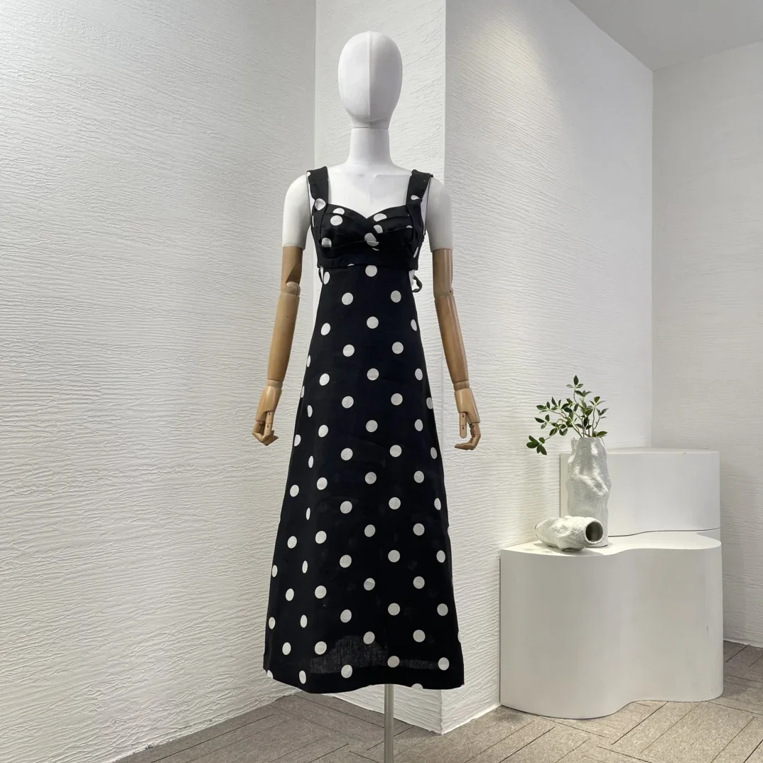 

Linen 2025 High Quality Black White Dot Print Sleeveless Mini Dress