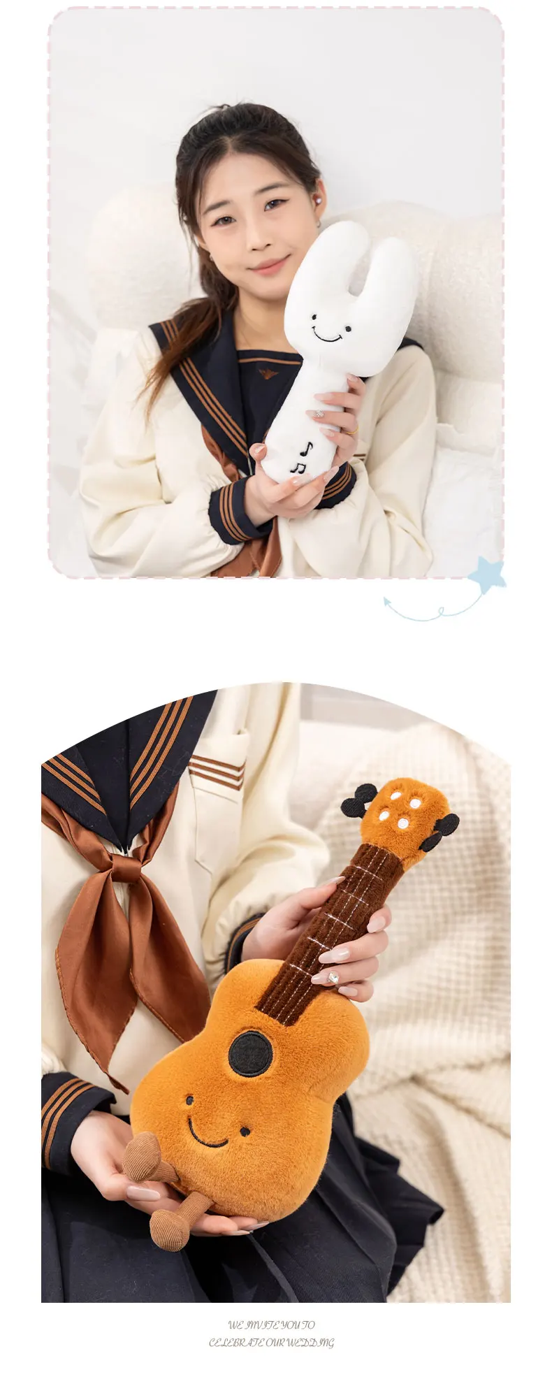 Juguete de Peluche Humanoide de Instrumentos Musicales: Guitarra Sonriente, Violín, Diapasón con Patas, Decoración, Pelu